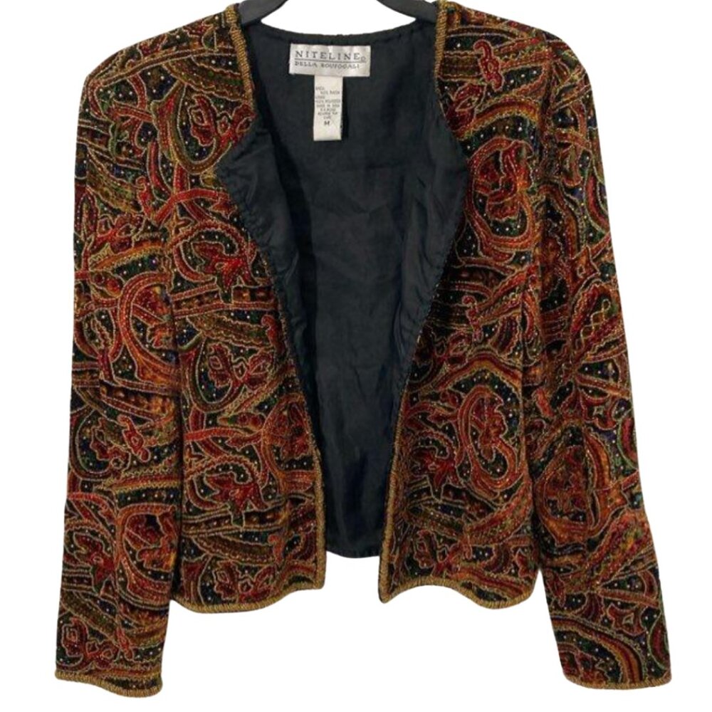 Niteline Della Roufogali Sequin Cropped Beaded Jacket Red Black Green Size M